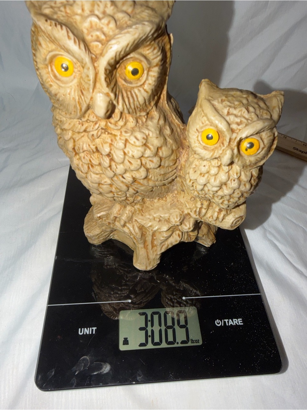 Vintage Resin Owl Figurine Mother & Owlet Mother on Branch Figurine Yellow Eyes - Picture 8 of 9